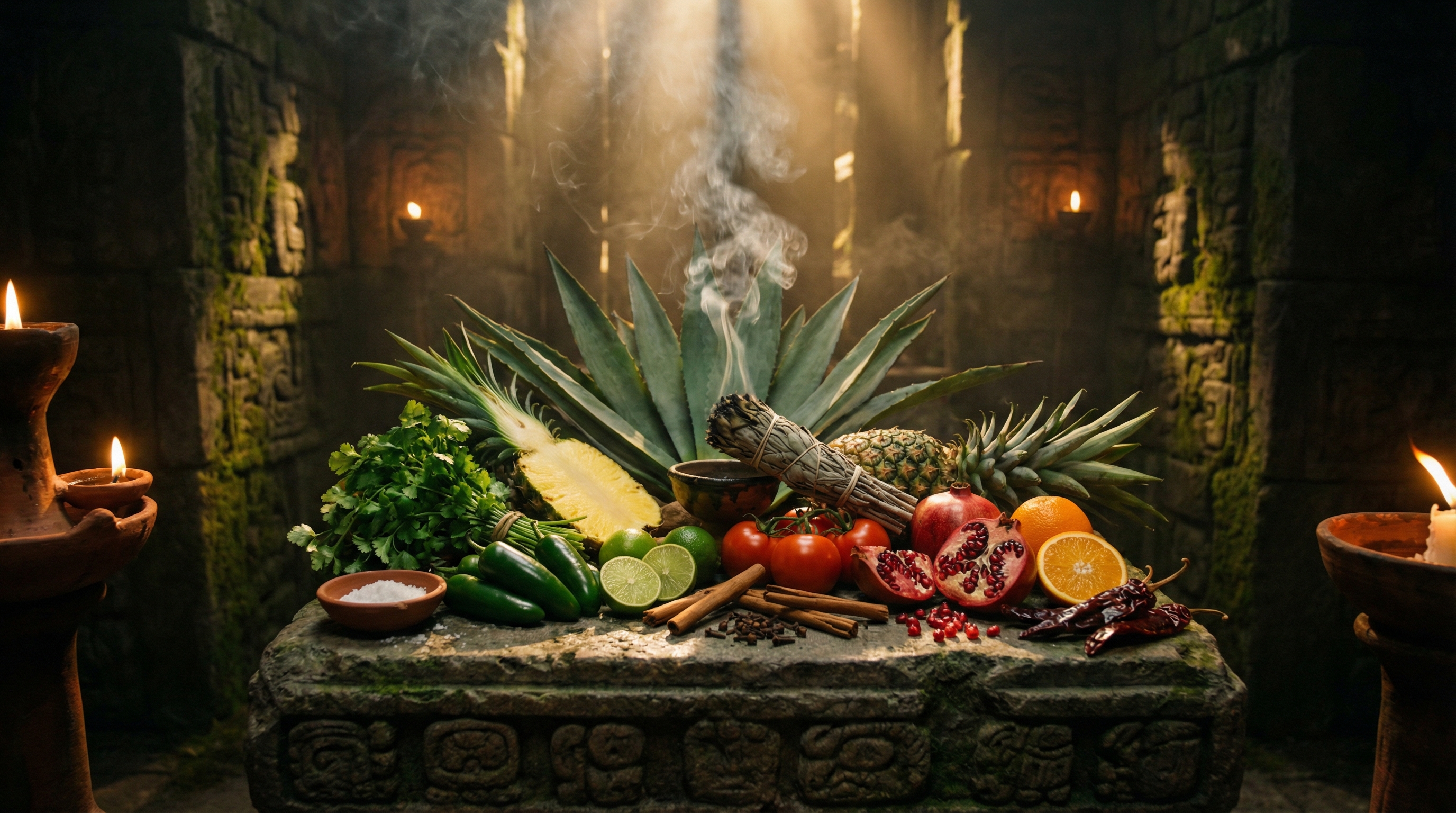 Ancient Mayan altar with fresh ingredients — agave, pineapple, pomegranate, cilantro, jalapeños, and spices
